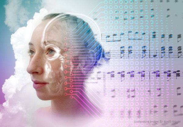 Mind Music - Composite image © Scott Troyer. Composite image of music flowing from a girls mind.