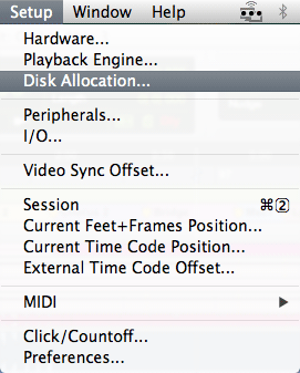 screenshot of the Setup menubar item in Pro Tools 9