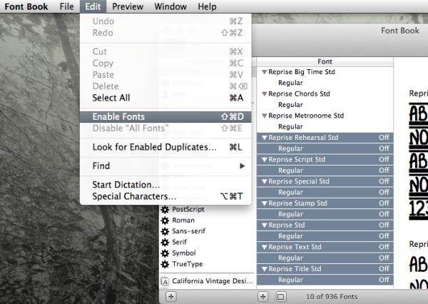 screen shot of Font Book drop down menu for enabling fonts